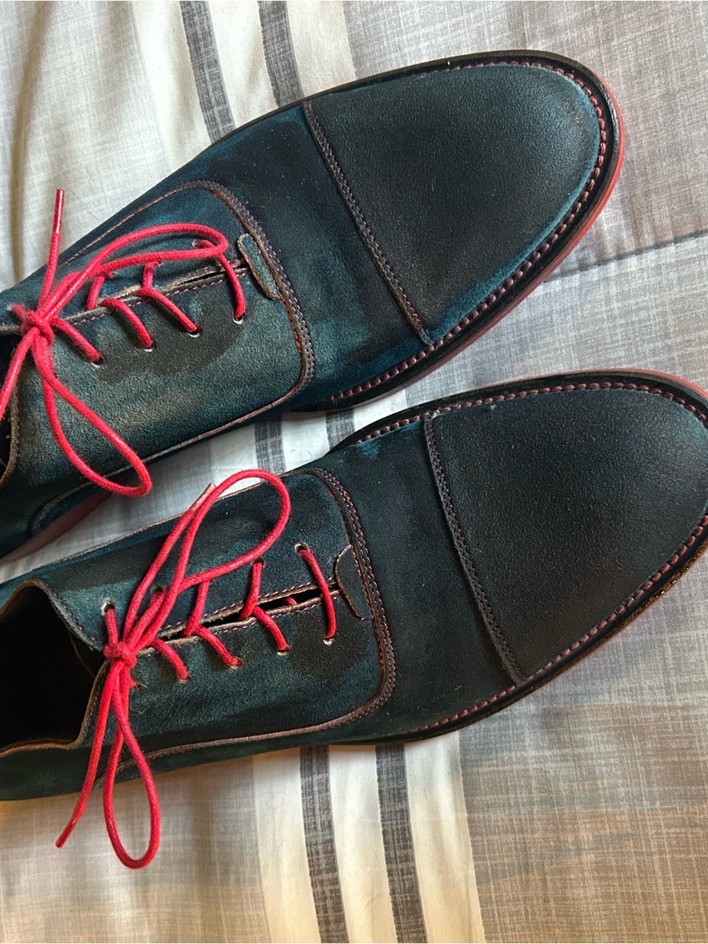 Donald J. Pliner Denim Suede Oxfords with Red Laces